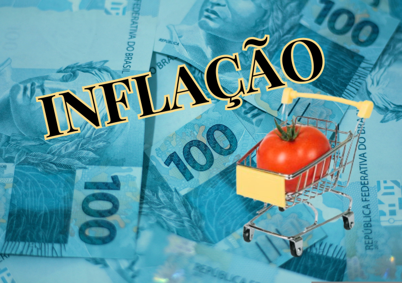 carrinho de mercado com um tomate e notas de cem reais como fundo, inflação escrita em amarelo e preto