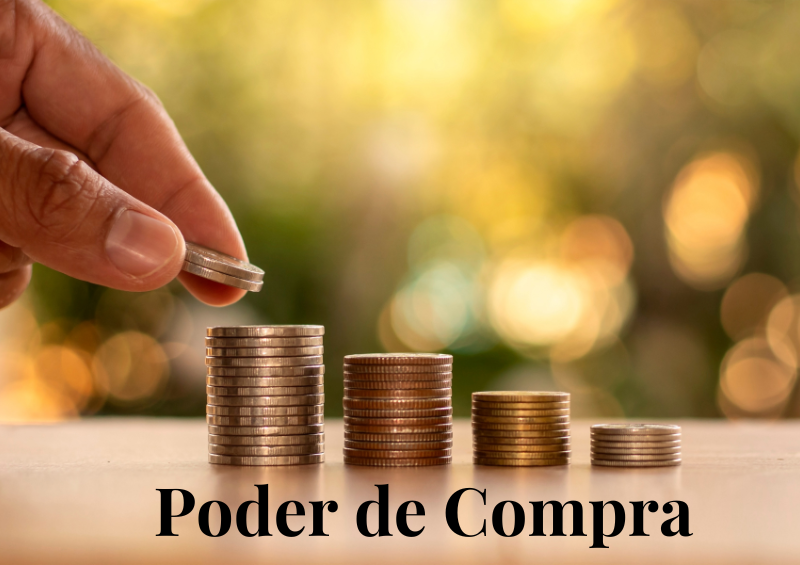 homem fazendo pilhas de moedas e a frase de poder de compra escrita em preto