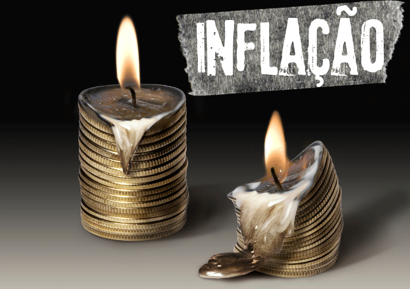 duas pilhas de mooedas queimando como se fossem velas e inflação escrito