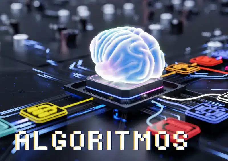 cérebro em cima de um processador de computador e algoritmos escrito abaixo