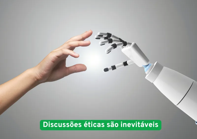 mão humana branca e mão robótica se tocando ilustrando as discussões éticas sobre inteligência artificial
