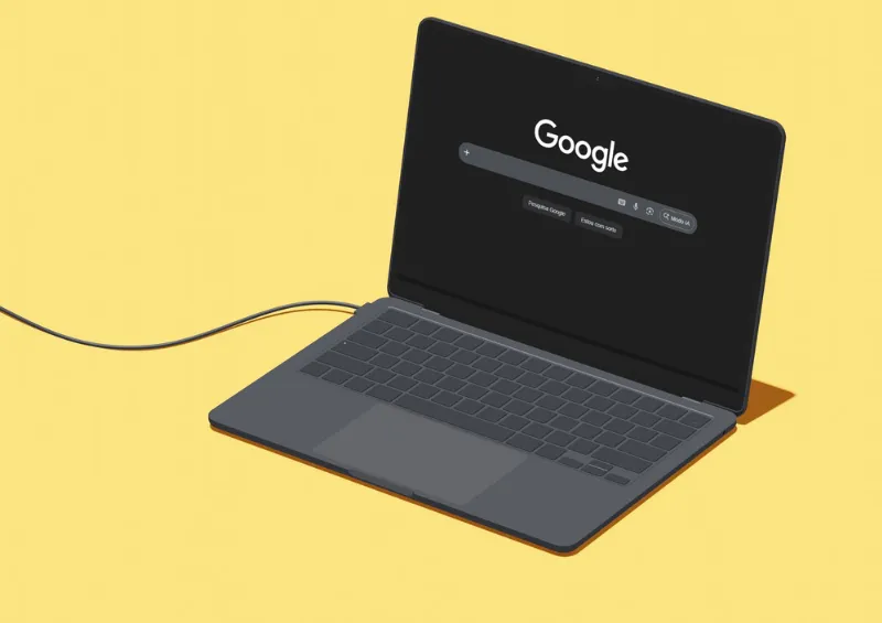 notebook na tela inicial do google e imagem com fundo amarelo