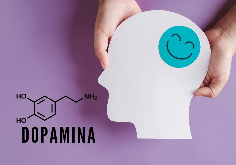 cérebro com emoji feliz e fórmula química da dopamina