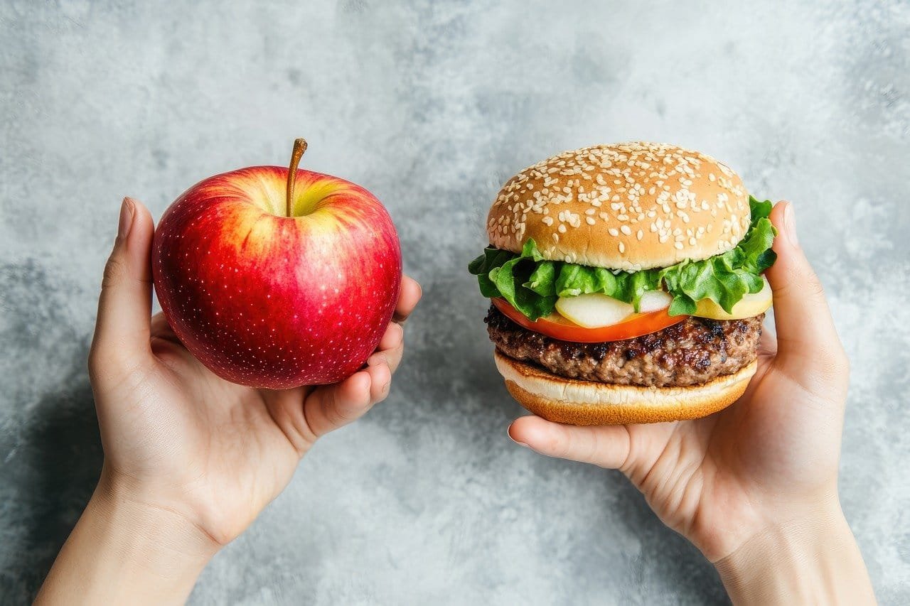 maçã e hamburguer