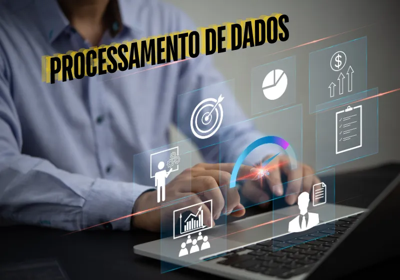 homem trabalhando em um computador e símbolos de dados no ar