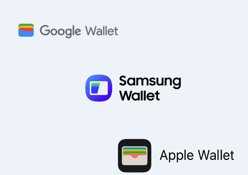 logotipos das carteiras digitais da google, samsung e apple