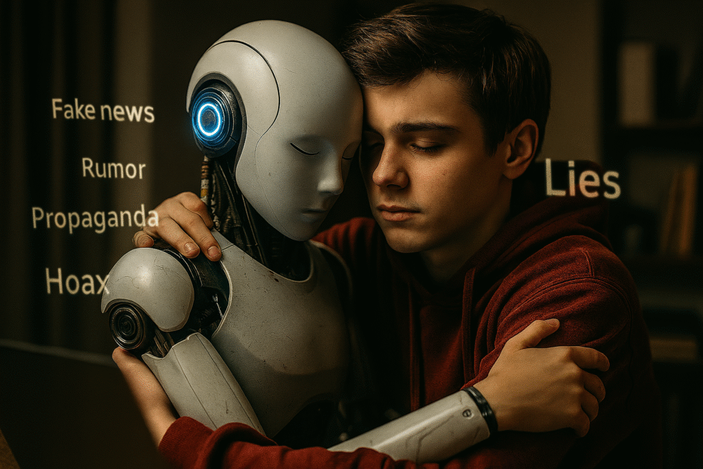 Você sabe os perigos da Inteligência Artificial Adversária? 5 adolescente abraçado a um robô