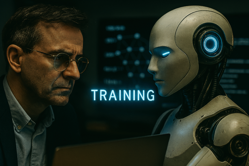 Você sabe os perigos da Inteligência Artificial Adversária? 6 homem e robô com a palavra treinamento em inglês