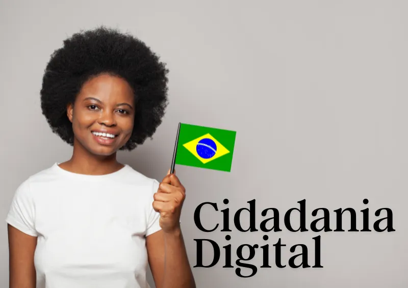 mulher negra segurando a bandeira do Brasil representado a cidadania digital