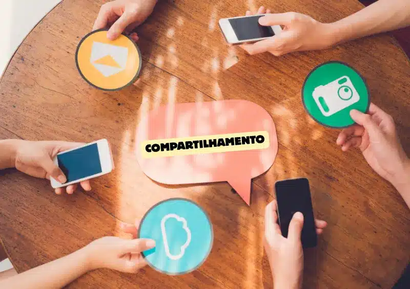 cinco mãos branças segurando símbolos de tecnologia e no centro está escrito compartilhamento