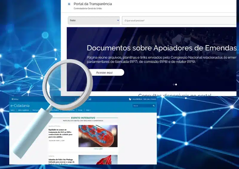 Imagem com prints de telas governamentais e uma lupa