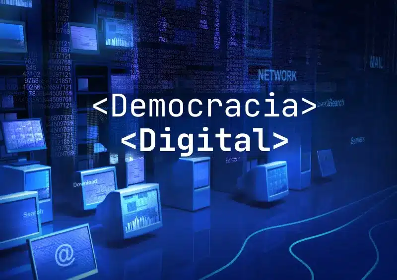 democracia digital escrito em fundo azul com telas de computador
