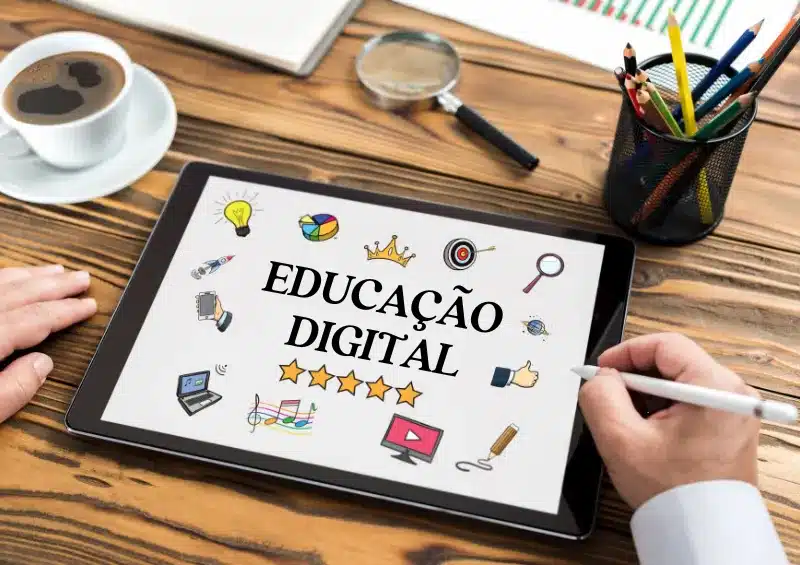 Educação Digital imagem com ícones representando ferramentas da internet