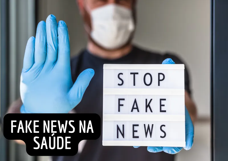 homem com máscara no rosto e luvas azul com plano escritoa stop fake news