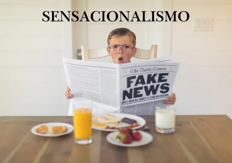 criança branca lendo jornal escrito fake news na capata e tomando café da manhã