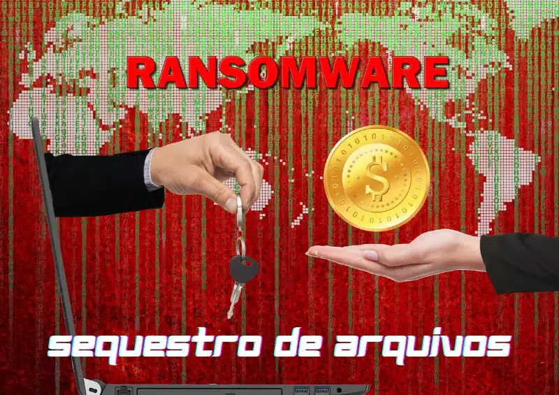 mão saindo da tela de um computador com uma chave, outra mão com um bitcoin representando o ataque de sequestro de arquivos conhecido como ransonware